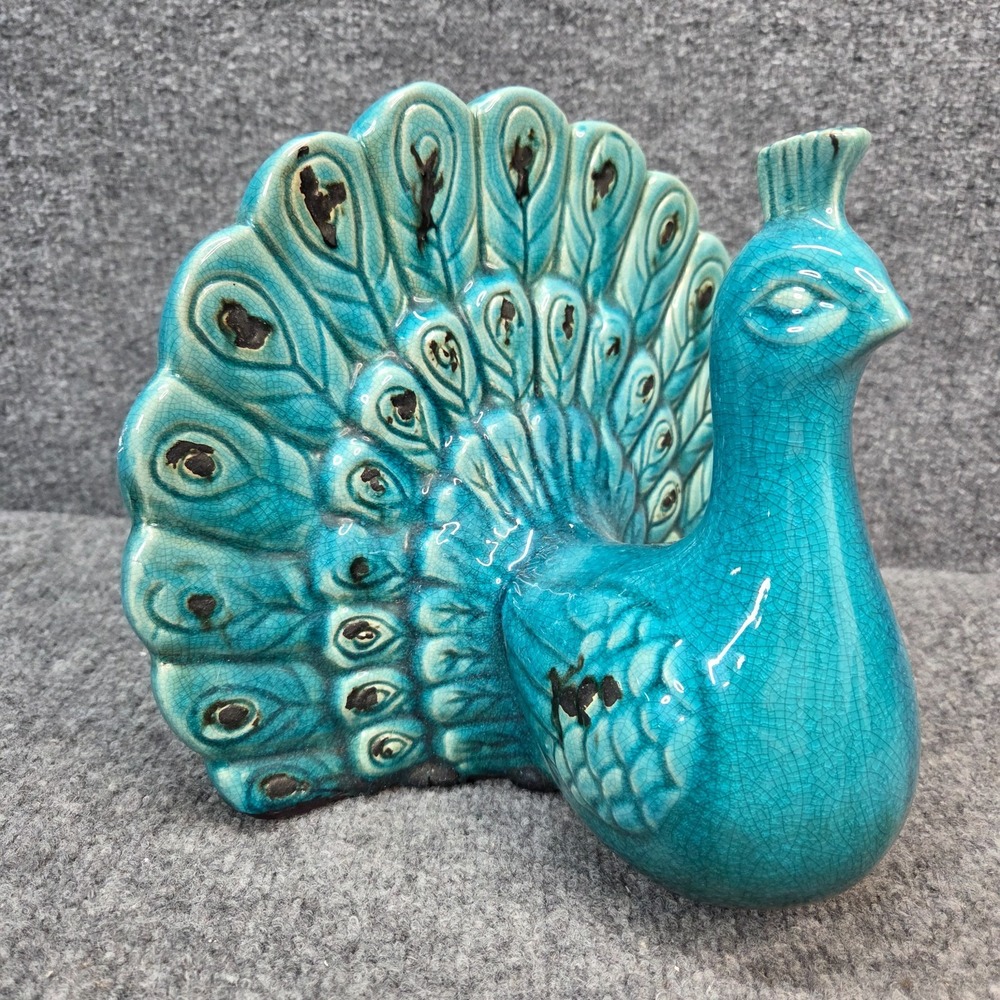Vintage Italian Majolica Peacock  Stunning Unique Teal Blue‎ 1940's
